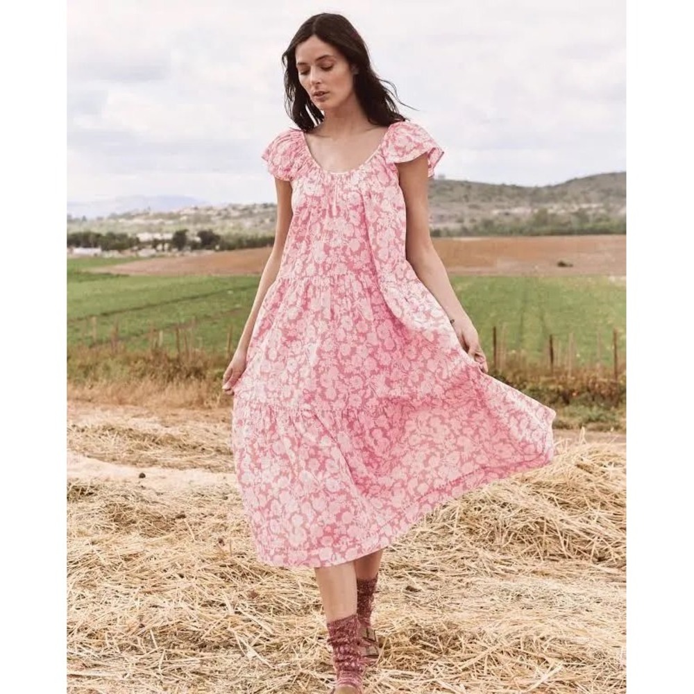 THE GREAT. The Plumeria Cotton Midi Dress Pink Floral Tiered Size 3 Large L